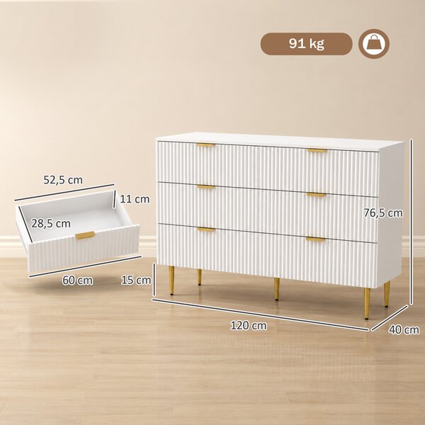 HOMCOM Cassettiera 6 Cassetti Moderna con Maniglie Dorate, 120x40x76.5cm, Bianco | Aosom Italy