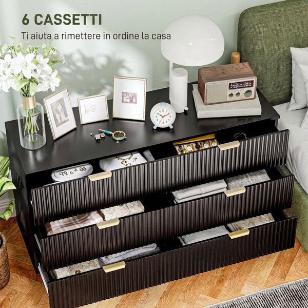 HOMCOM Cassettiera 6 Cassetti Moderna con Maniglie Dorate, 120x40x76.5cm, Nero | Aosom Italy