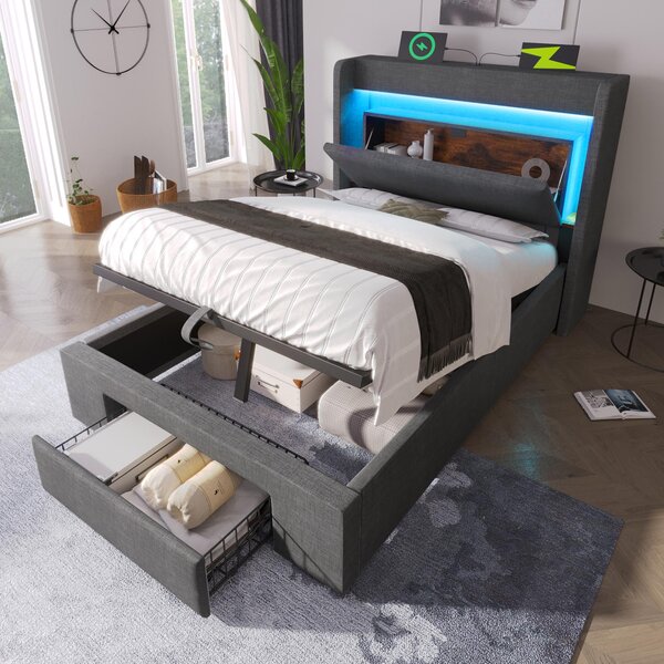 Letto imbottito 90x200 cm, grigio, rivestito in lino, con spazio contenitore a sollevamento idraulico, testiera con vano portaoggetti, prese USB e USB-C, ideale per la camera da letto