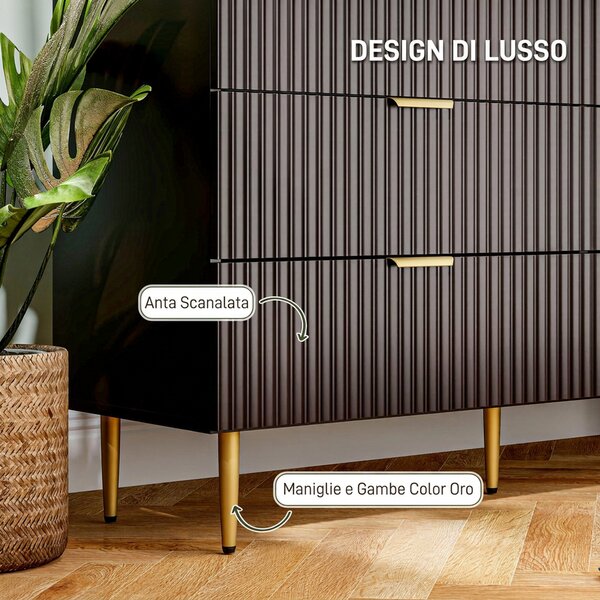 HOMCOM Cassettiera 6 Cassetti Moderna con Maniglie Dorate, 120x40x76.5cm, Nero | Aosom Italy