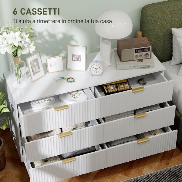 HOMCOM Cassettiera 6 Cassetti Moderna con Maniglie Dorate, 120x40x76.5cm, Bianco | Aosom Italy