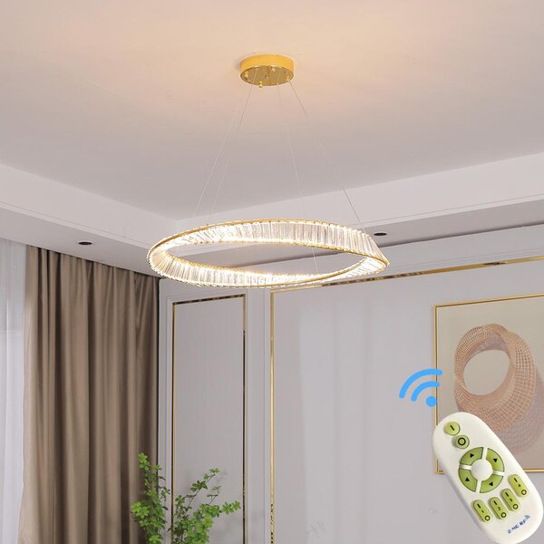 Lampada a sospensione LED 3016-800 large crystal clear con telecomando Colore della luce bianco caldo, bianco neutro fino a bianco freddo Regolabile in continuo Dimmerabile Struttura in metallo dorato Altezza regolabile 120 cm