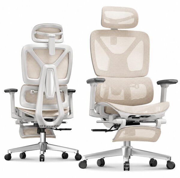 FLEXISPOT ErgoX: Sedia da ufficio ergonomica con poggiapiedi, braccioli 3D e poggiatesta, schienale regolabile in 5 direzioni, capacità di carico di 136 kg, color beige