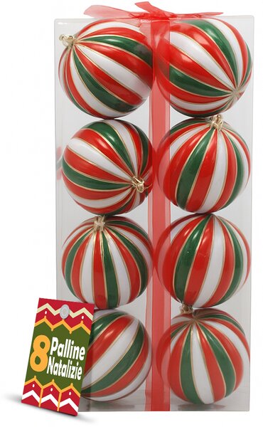 Box 8 Palline di Natale per Albero Sfere Natalizie Bianco Rosso e Verde da 10 cm