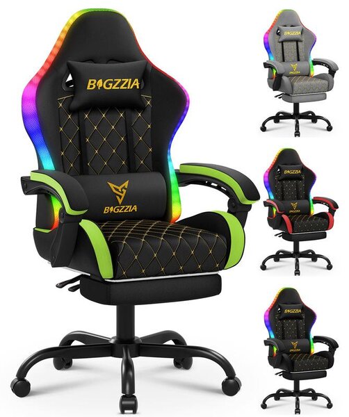 Sedia da gaming, sedia da ufficio; poltrona da gaming ergonomica con striscia luminosa a LED, sedia da corsa, sedia da ufficio con cuscino a molle e poggiapiedi, verde