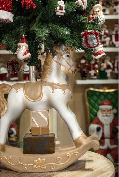Base Albero di Natale Cavallo a Dondolo Oro e Bianco Decorazione Natalizia