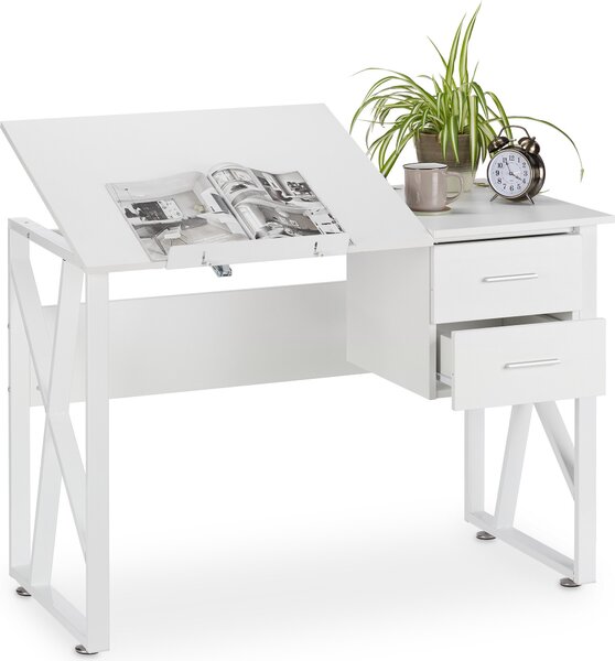 Scrivania reclinabile Relaxdays, piano di lavoro regolabile, tavolino per laptop o tavolo da disegno, HBT 75x110x55 cm, bianco