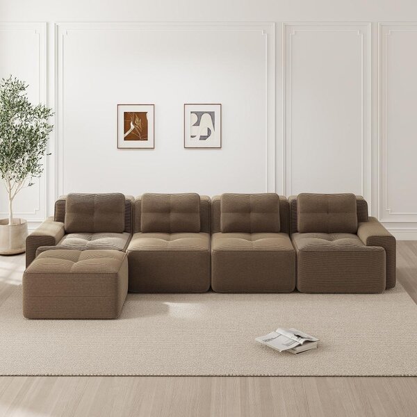 Divano modulare a forma di L, con chaise longue, per 4 persone, rivestito in tessuto Cord color marrone, con seduta profonda di 74 cm, design minimalista a filo pavimento, dimensioni 382x177x69 cm