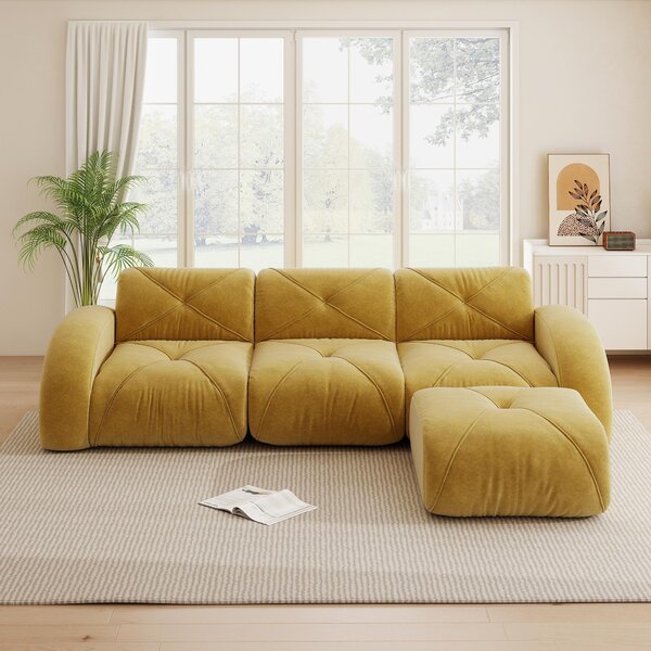 Divano modulare a forma di L, giallo, divano a tre posti senza necessità di montaggio, realizzato in tessuto chenille. Design senza struttura, con poggiapiedi e base antiscivolo, dimensioni 281x171x76 cm