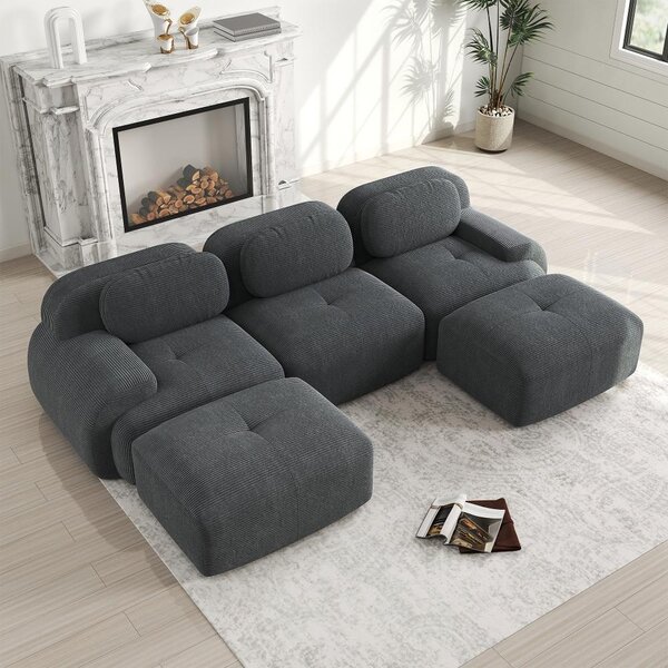 Divano angolare modulare grigio in tessuto corduroy, divano d'angolo senza struttura con imbottitura 32D, divano da assemblare senza montaggio, adatto agli animali domestici, dimensioni 298x178x70 cm
