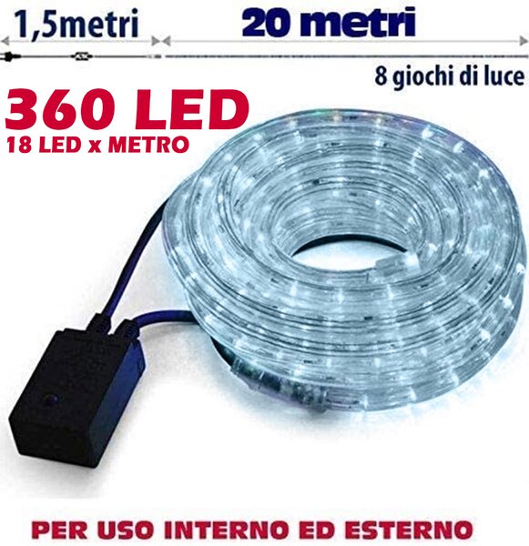 Tubo Luminoso 20 Metri LED Bianco Freddo 360 Luci per Interno e per Esterno