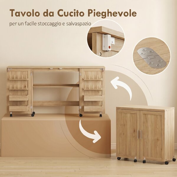 HOMCOM Tavolo Cucito Pieghevole con Ruote, 4 Contenitori, 20 Perni e Ripiano, 160x40x83 cm, Quercia | Aosom Italy