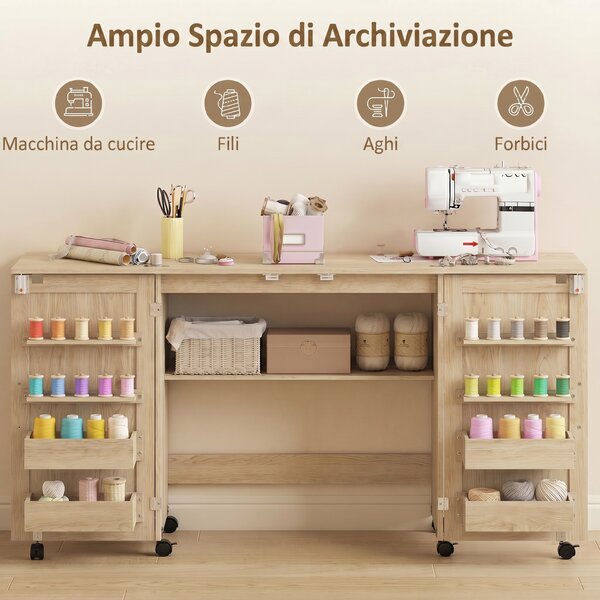 HOMCOM Tavolo Cucito Pieghevole con Ruote, 4 Contenitori, 20 Perni e Ripiano, 160x40x83 cm, Quercia | Aosom Italy