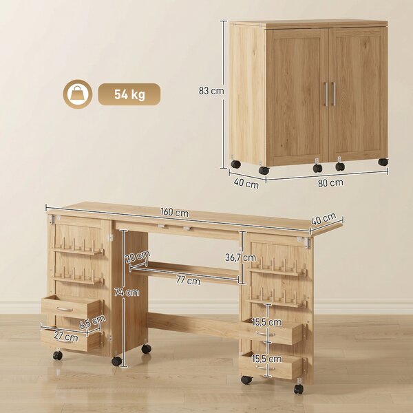 HOMCOM Tavolo Cucito Pieghevole con Ruote, 4 Contenitori, 20 Perni e Ripiano, 160x40x83 cm, Quercia | Aosom Italy