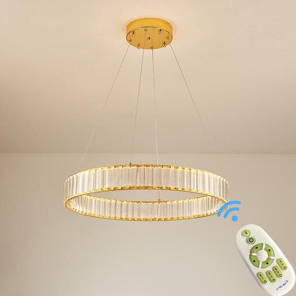 Eurotondisplay Lampada a sospensione LED 3015-600 large crystal clear con telecomando Colore della luce bianco caldo, bianco neutro o bianco freddo Regolabile in continuo Dimmerabile Struttura in metallo dorato Altezza regolabile 120 cm