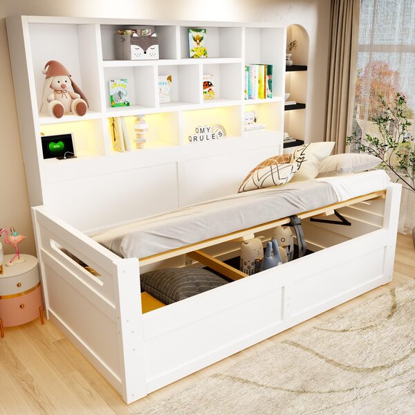 Letto imbottito 160x200 con spazio contenitore, funzione di ricarica USB e Type C, rivestito in tessuto corda color beige-bianco, con struttura che include una lampada da lettura e una mensola integrata nella testiera