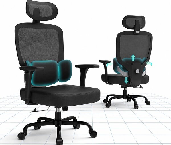 Sedia da ufficio ergonomica, regolabile in altezza, per l'home office con supporto lombare a 3 livelli, braccioli 3D e poggiatesta 2D, nera