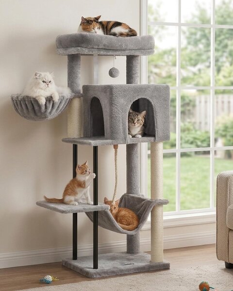 Albero per gatti a torre, con struttura in tubi d'acciaio - altezza 110 cm, con amaca e rifugio (grigio chiaro)