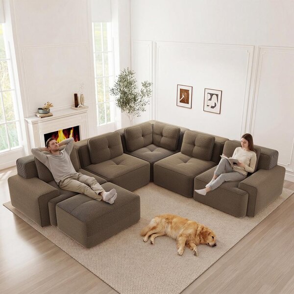 Divano angolare modulare in tessuto cord, divano a 5 posti con poggiapiedi, divano basso senza struttura in colore marrone, dimensioni 295x295 cm, adatto agli animali domestici