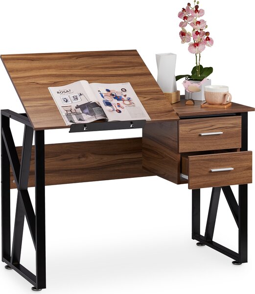 Scrivania reclinabile Relaxdays, piano di lavoro regolabile, tavolino per laptop o tavolo da disegno, HBT 75x110x55 cm, effetto legno