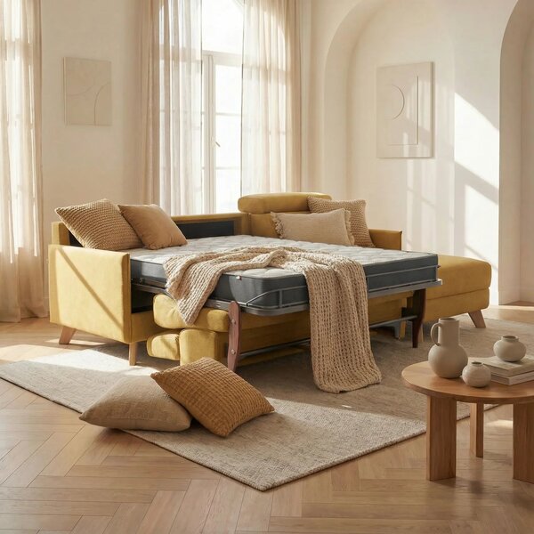 Sole Divano letto matrimoniale angolare con penisola contenitore e pog