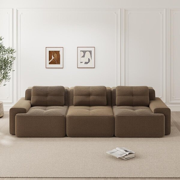 Divano modulare "Cloud" marrone, divano a 3 posti con seduta profonda, realizzato in corda resistente ai graffi, divano angolare a filo pavimento, senza necessità di montaggio, dimensioni: 293 x 104 x 69 cm