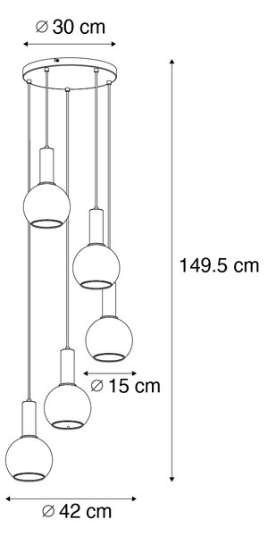 Lampadario Art Déco nero con vetro fumé rotondo 5 luci - Josje