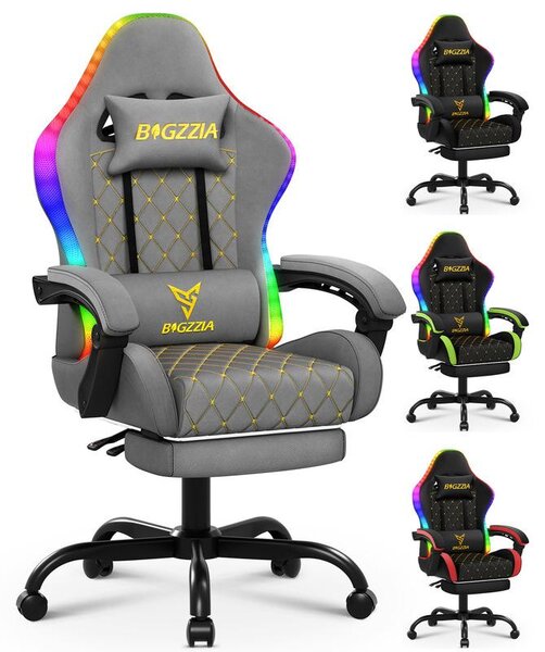 Sedia da gaming, sedia da ufficio; poltrona da gaming ergonomica con striscia luminosa a LED, sedia da corsa, sedia da ufficio con cuscino a molle e poggiapiedi, grigia