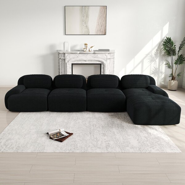 Divano angolare nero a 4 posti, divano modulare con chaise longue, divano in corda senza struttura, dimensioni 388x178x70 cm, imbottitura 32D, ideale per il soggiorno