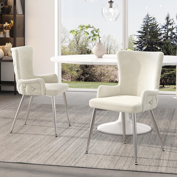 Sedia da pranzo in velluto Sweiko, set di 2, lussuosa sedia da salotto/camera da letto con quattro gambe di supporto in metallo color argento, beige