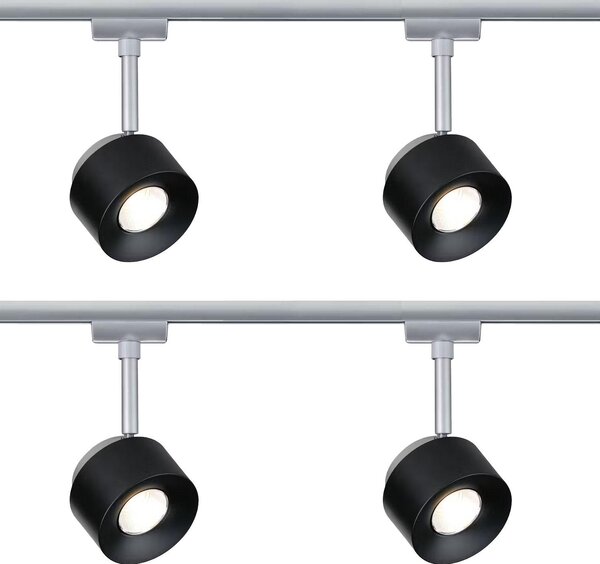 Set da 4 faretti a binario LED Paulmann URail, faretto singolo da 400 lumen, 7,4 W, 2700 K, dimmerabile, 230 V, nero cromato opaco, codice 95374, equivalente a 50 W