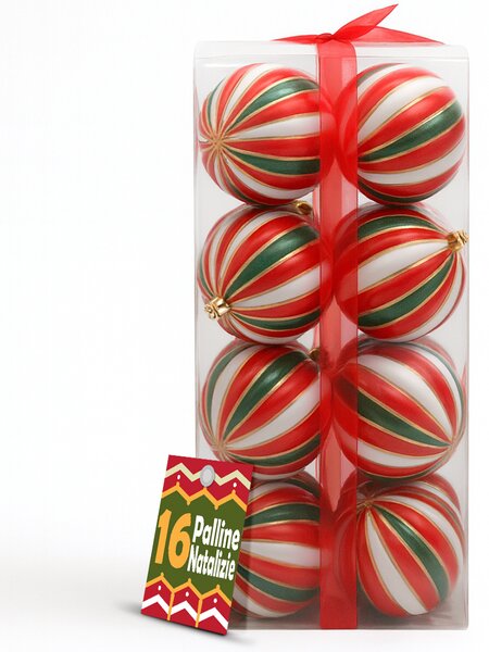 Box 16 Palline di Natale per Albero Sfere Natalizie Bianco Rosso e Verde da 8 cm