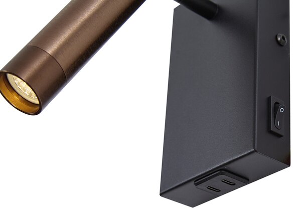 Lampada da parete moderna nera con bronzo scuro regolabile con USB-C - Croft