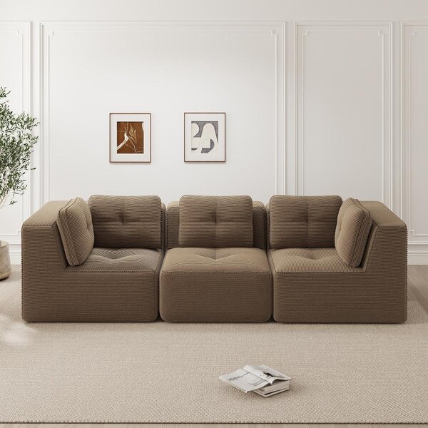 Divano a tre posti senza cornice, divano angolare modulare color marrone corda, divano a tre posti con seduta profonda 74 cm, non richiede montaggio, dimensioni 297x104x69 cm