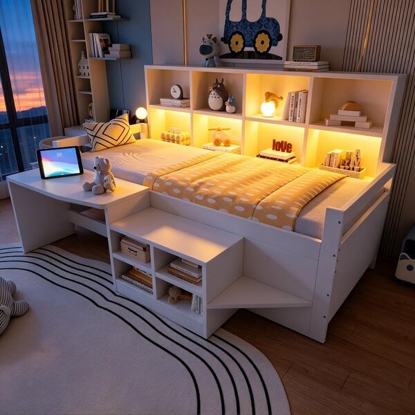 Letto a una piazza e mezza (90x200 cm) bianco, realizzato in legno di pino, compensato e MDF, con scrivania integrata, spazio contenitivo, striscia LED e prese USB