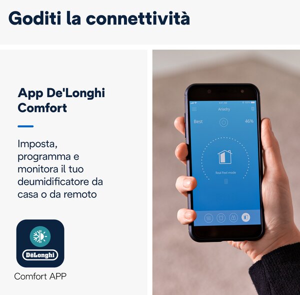 De Longhi Deumidificatore Portatile per la casa muffa 21 Litri In 24 Ore Tanica 5 Litri Wi-Fi Gas R290 con Timer Integrato colore Nero - DDSX220WFA