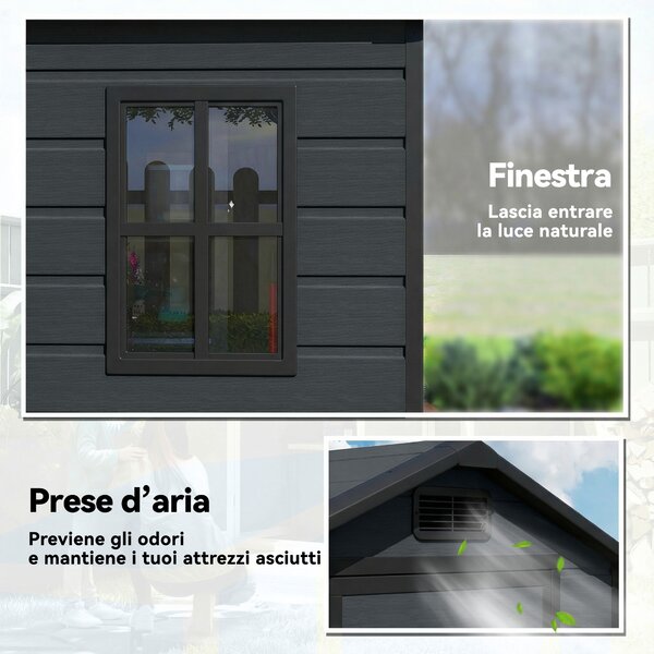 Outsunny Casetta per Attrezzi a 2 Ingressi con Finestre e Prese d'Aria, in PP e Alluminio, 128x104x196 cm, Grigio Scuro | Aosom Italy