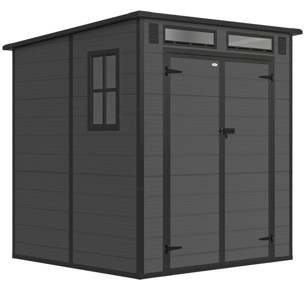 Outsunny Casetta da Giardino a 2 Ingressi con 3 Finestre e Prese d'Aria, in PP e Alluminio, 182x182x196 cm, Grigio Scuro | Aosom Italy