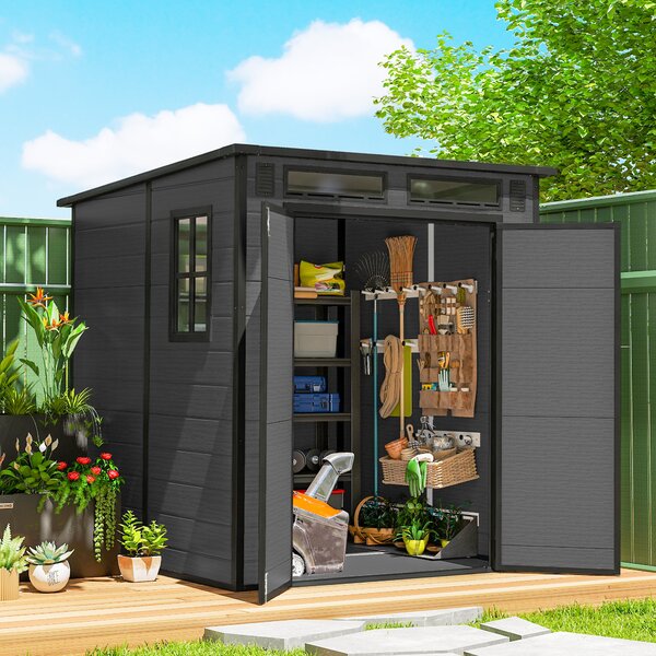Outsunny Casetta da Giardino a 2 Ingressi con 3 Finestre e Prese d'Aria, in PP e Alluminio, 182x182x196 cm, Grigio Scuro | Aosom Italy