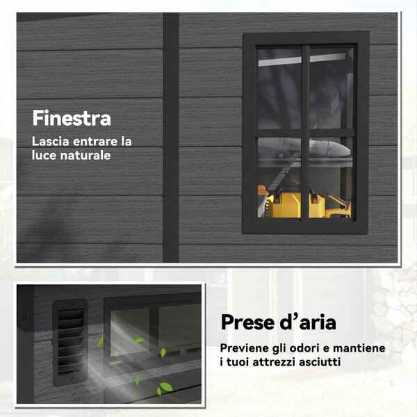 Outsunny Casetta da Giardino a 2 Ingressi con 3 Finestre e Prese d'Aria, in PP e Alluminio, 182x182x196 cm, Grigio Scuro | Aosom Italy