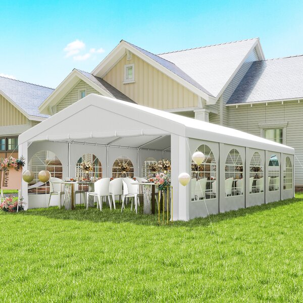 Tendone da Giardino Gazebo per Feste 992x497x290 cm con 10 Pareti Laterali Rimovibili in PE e Metallo Galvanizzato Bianco