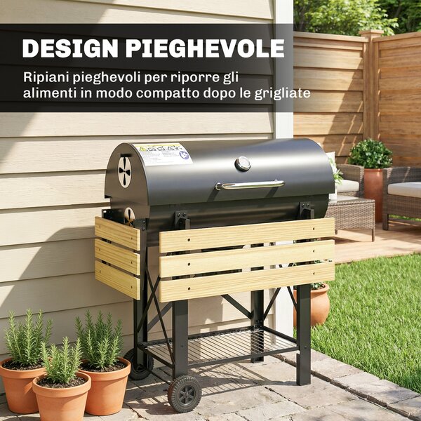 Outsunny Barbecue a Carbone, Griglia Mobile con Ripiani Pieghevoli e Termometro | Aosom Italy