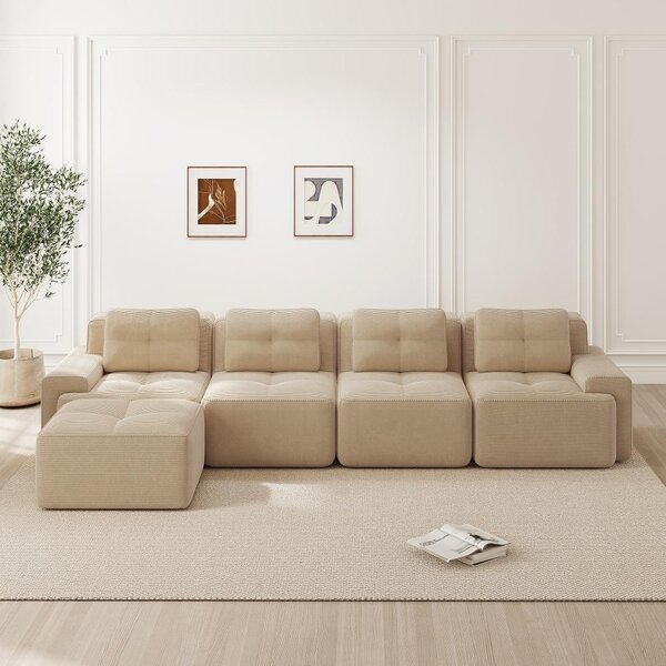 Divano modulare a forma di L, corda beige, quattro posti. Divano "Boneless" per il soggiorno, con chaise longue e seduta profonda. Montaggio non richiesto. Dimensioni: 382x177x69 cm