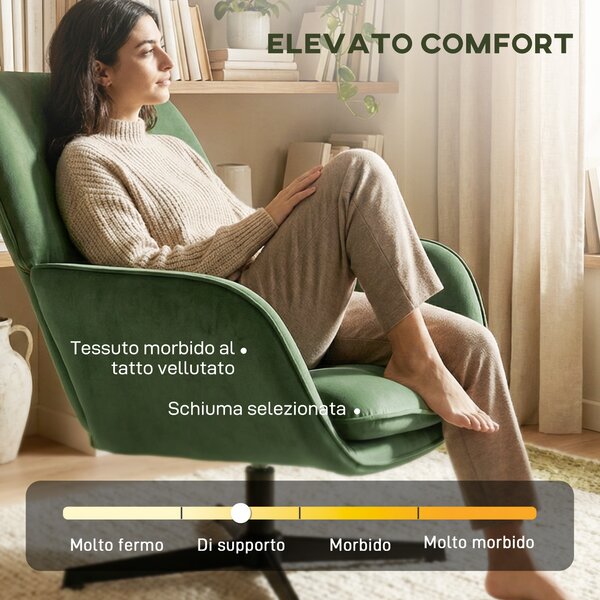 HOMCOM Poltrona da Salotto Girevole con Cuscino Lombare e Rivestimento in Tessuto Effetto Velluto, Verde | Aosom Italy