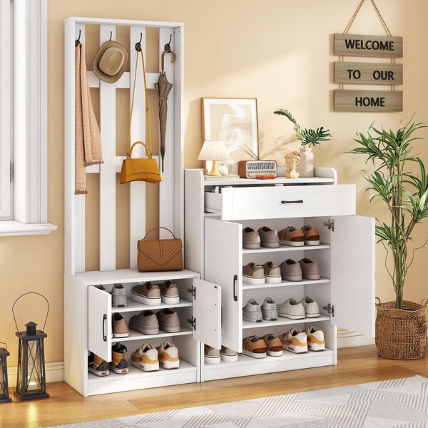 Sweiko Set guardaroba bianco 140,6 x 32 x 180 cm, guardaroba da ingresso pannello + scarpiere, opaco, mobili da ingresso, stendino da ingresso, guardaroba da ingresso, set cambia scarpe
