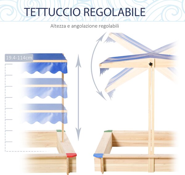 Outsunny Sabbiera per Bambini in Legno con Panca e Tettuccio Parasole Regolabile, 120x120x120cm, Colore Legno e Blu|Aosom