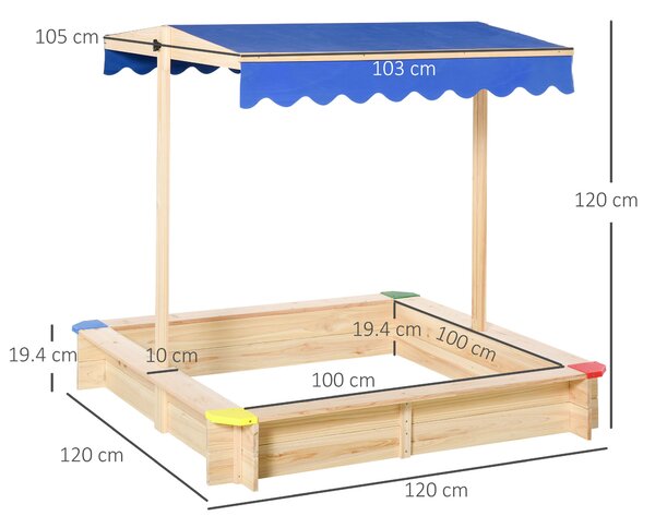 Outsunny Sabbiera per Bambini in Legno con Panca e Tettuccio Parasole Regolabile, 120x120x120cm, Colore Legno e Blu|Aosom