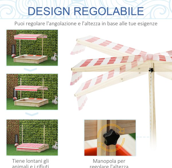 Outsunny Sabbiera per Bambini 3-8 Anni in Legno con Tettuccio Regolabile e Sedili, Gioco da Giardino con 2 Bacini|Aosom