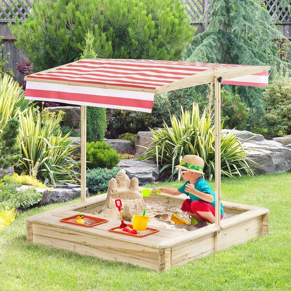 Outsunny Sabbiera per Bambini 3-8 Anni in Legno con Tettuccio Regolabile e Sedili, Gioco da Giardino con 2 Bacini|Aosom