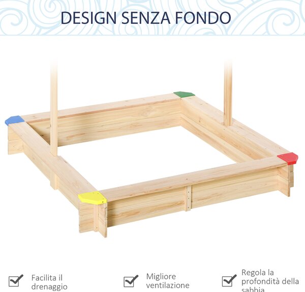 Outsunny Sabbiera per Bambini in Legno con Panca e Tettuccio Parasole Regolabile, 120x120x120cm, Colore Legno e Blu|Aosom